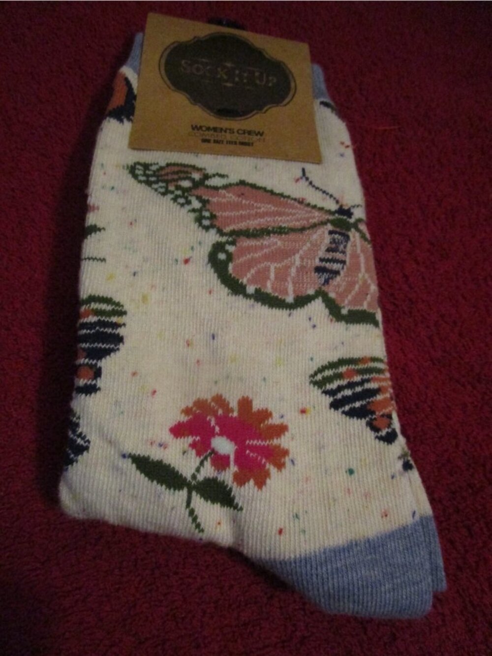 Sock It Up Women’s Crew Cotton Socks 1 Pair Fits 5-10 Shoe Butterfly Print